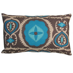 Suzani Screen Grey with Mediterranean/Turquoise/ Mud Linen Large Lumbar